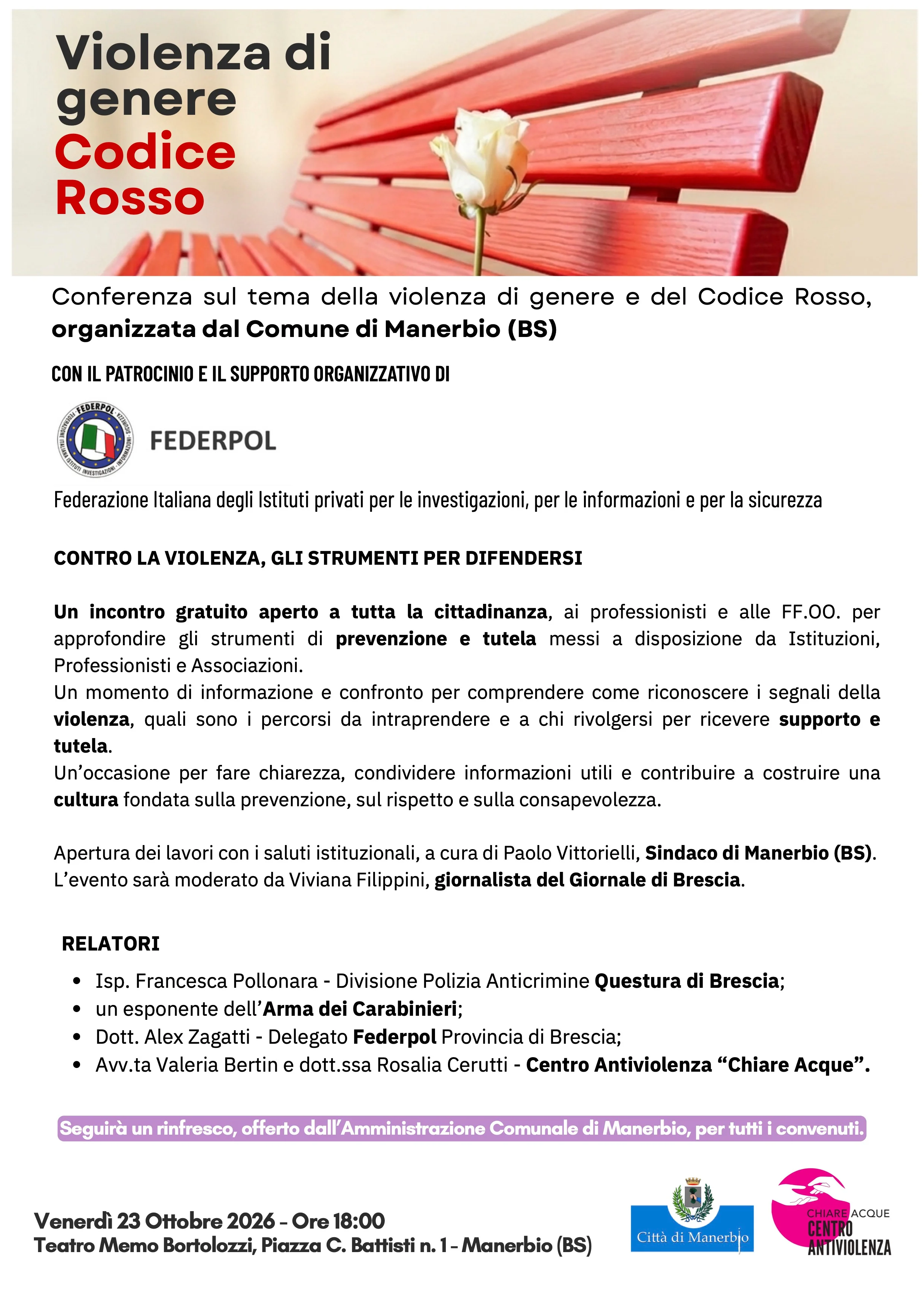Violenza di genere e Codice Rosso: conferenza a Manerbio il 23 ottobre 2026