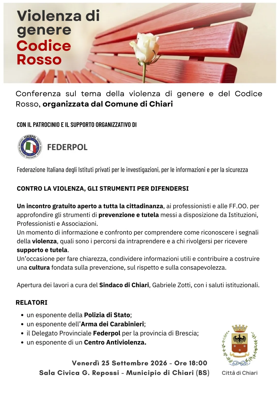 Conferenza 25/09/2026 - Chiari (BS) "Violenza di genere e il Codice Rosso"