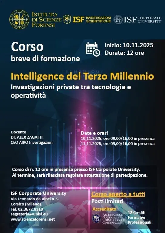 Il CEO di AIRO Investigazioni docente al corso “Intelligence del Terzo Millennio” presso ISF - Istituto di Scienze Forensi - Corporate University