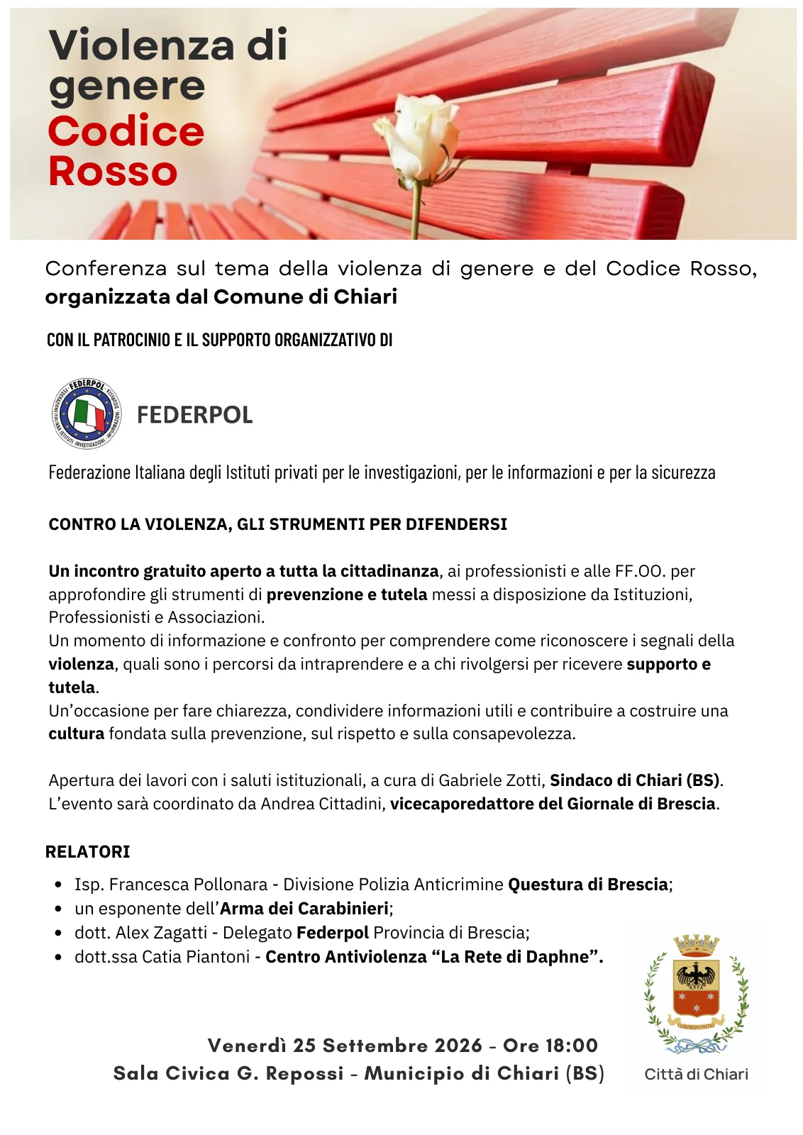 Locandina della conferenza Violenza di genere e Codice Rosso, Chiari, 25 settembre 2026